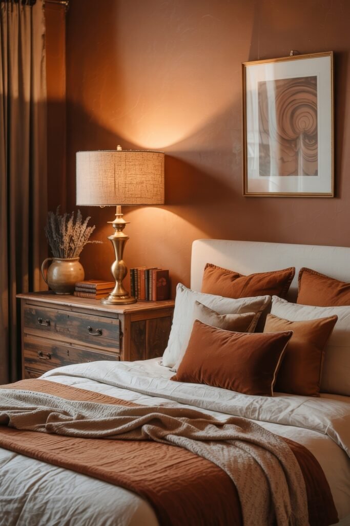 Terracotta Bedroom Ideas: Genius Ways to Glow 19 Moody and rustic bedroom with a soft white bed, multiple rust and cream pillows, a dark wood nightstand with a brass lamp, and a framed abstract artwork on a textured terracotta wall.