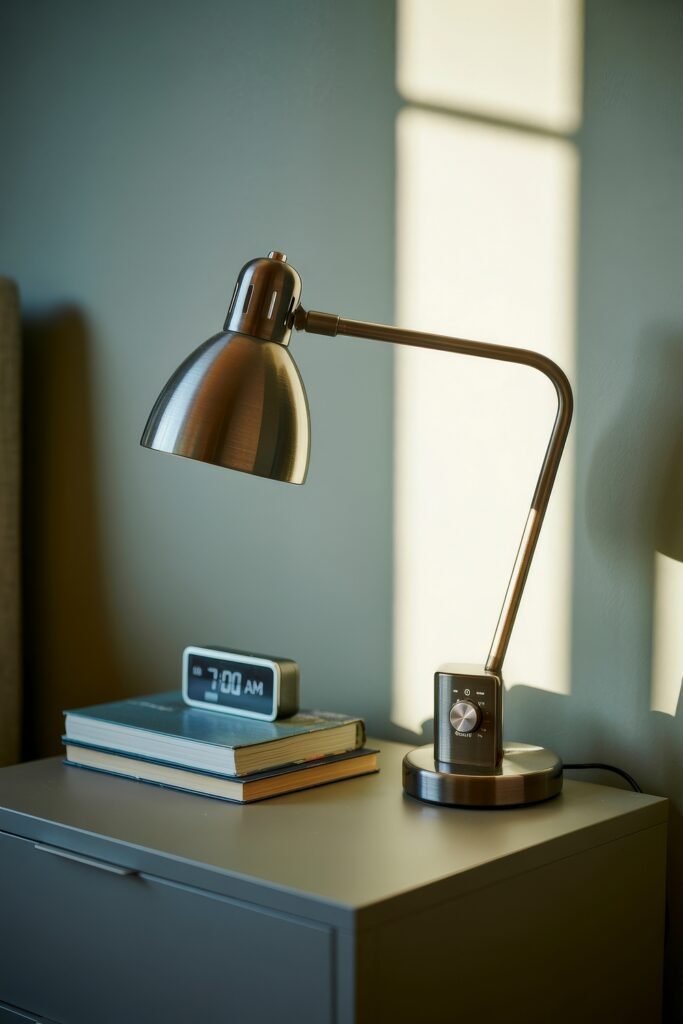 Bedroom Essentials for Your First Apartment: 12 Genius Must-Haves 18 Sleek metallic desk lamp with an adjustable arm on a nightstand, next to stacked books and a digital alarm clock—practical lighting for early risers and ideal for first apartment planning.