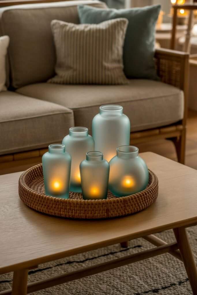 Coastal Summer Vibes for City Apartments 26 Group of glowing sea glass lanterns in a rattan tray on a coffee table, enhancing coastal summer decor ambiance.