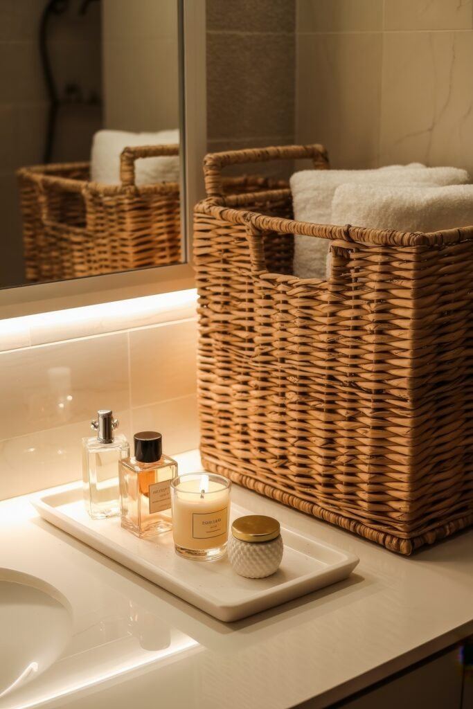 Cream Bathroom Ideas: Genius Ways to Warm Up Your Space 22 Cozy bathroom vanity with soft lighting, showcasing a rattan basket filled with towels and a white tray with perfume bottles, a candle, and a jar, creating a warm, spa-like ambiance.