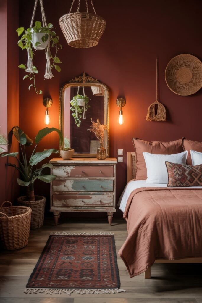 Dark Boho Bedroom Ideas: Unexpected Tricks for Cozy Drama 20 Earth-toned bedroom featuring terracotta walls, a distressed vintage dresser, cane bed frame, hanging plants, and warm accent lighting for a rustic Bohemian charm.