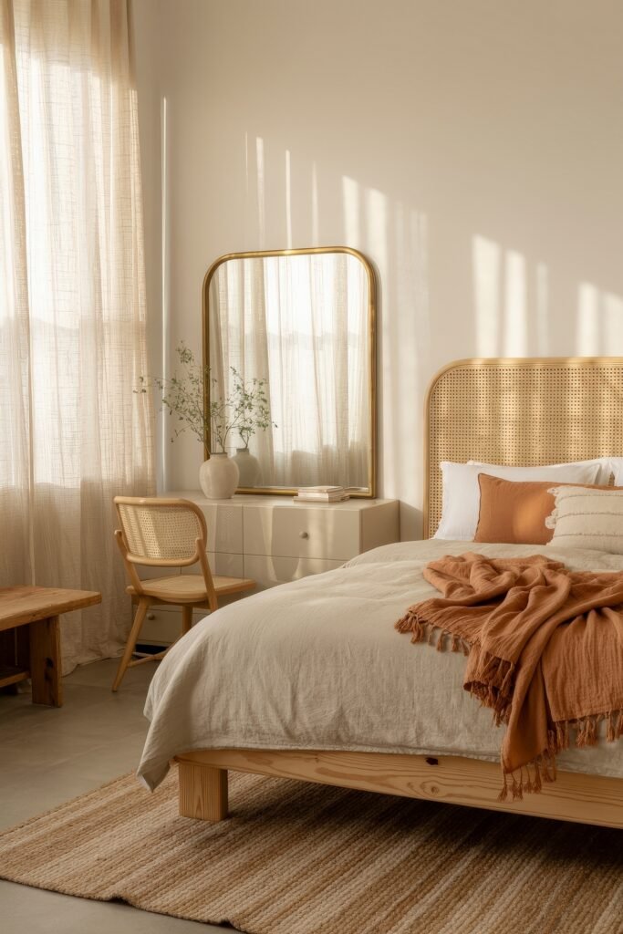 Earthy Bedroom Ideas: 12 Essential Ways to Elevate Your Space 20 Elegant Bohemian & Earth-Toned Bedroom with light wood furniture, soft white bedding accented by rust textiles, a rattan headboard, and a gold-framed mirror.