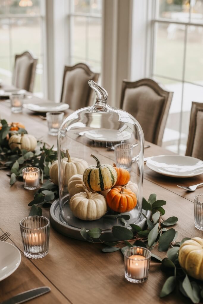 Cozy Fall Sunroom Ideas: Autumn Decor for a Warm Retreat 21 Elegant dining table set with white and orange pumpkins under a glass cloche surrounded by greenery and votive candles in a sunroom.