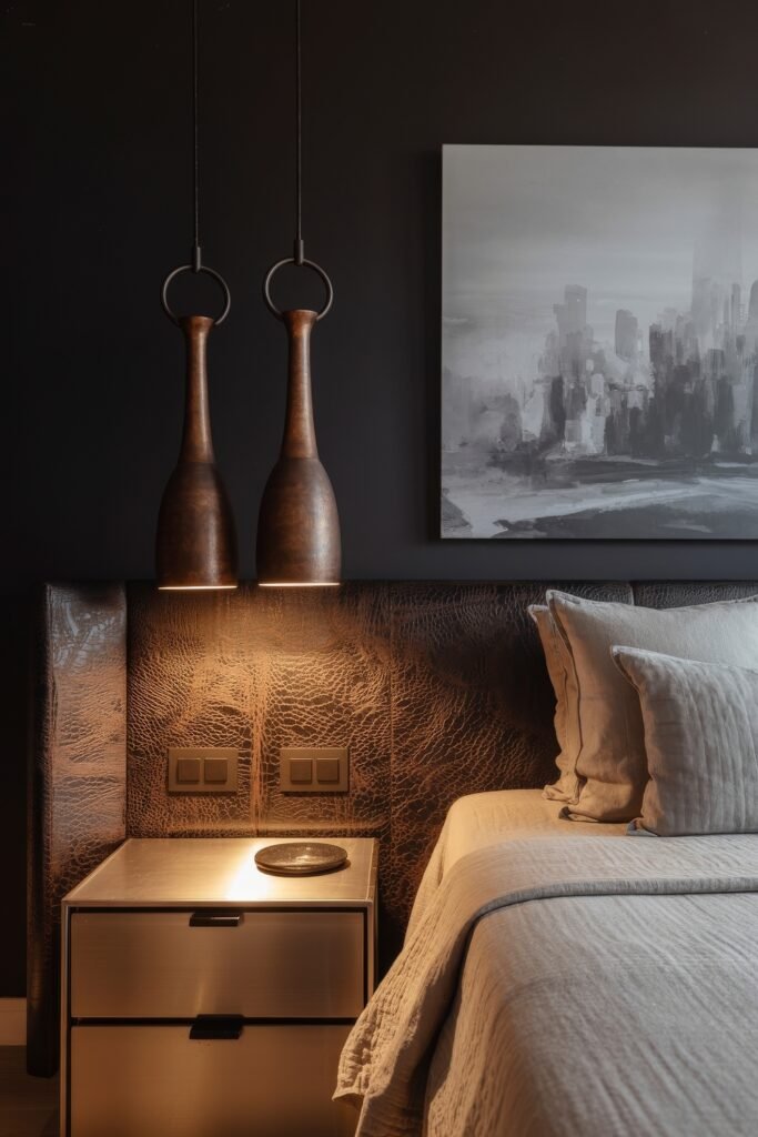 Masculine Luxury Bedroom: Genius Luxe Ideas 25 Dark-toned luxury bedroom with a textured brown leather headboard, crisp neutral bedding, industrial-style hanging lights, and a grayscale cityscape painting.