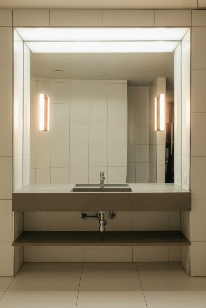 Neutral Bathroom Ideas: Genius Spa-Like Upgrades 23 Minimalist white-tiled bathroom with a built-in vanity, wide mirror bordered by integrated lighting, and soft wall sconces framing a neutral and spacious sink area.