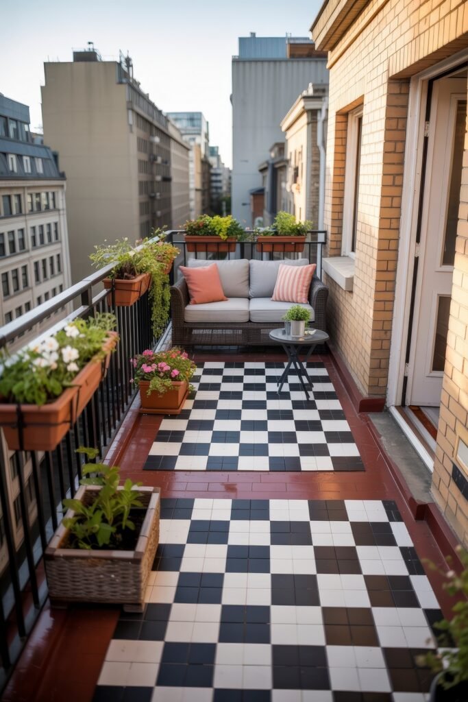 Stylish Rooftop and Terrace Garden Design 26 Narrow balcony with a black-and-white tiled floor, potted flowers and herbs along the railing, and a cozy wicker sofa with coral pillows, an inviting example of Balcony & Terrace Gardening.