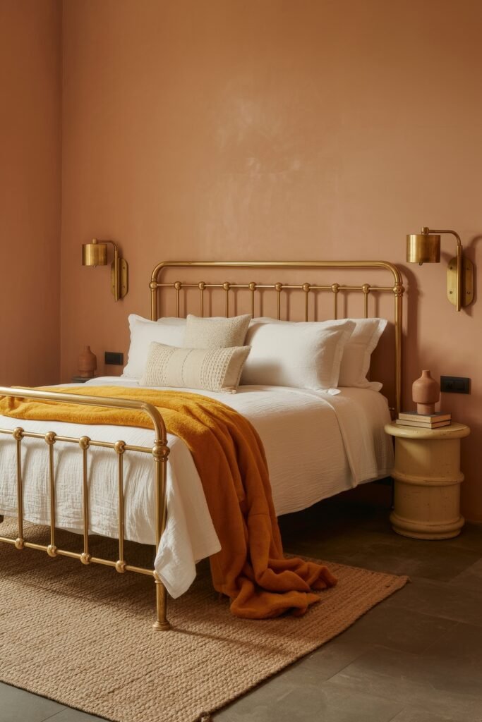 Terracotta Bedroom Ideas: Genius Ways to Glow 20 Warm-toned bedroom featuring a brass bed frame, terracotta walls, crisp white bedding, cozy knit throw in golden ochre, and layered neutral pillows for a soft, inviting look.