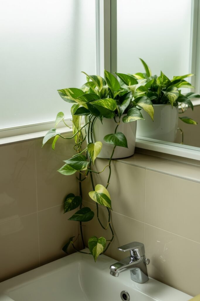 Neutral Bathroom Ideas: Genius Spa-Like Upgrades 24 Fresh and calming corner of a bathroom with a pothos plant trailing from a white ceramic pot, placed on the windowsill above a white sink with a chrome faucet.