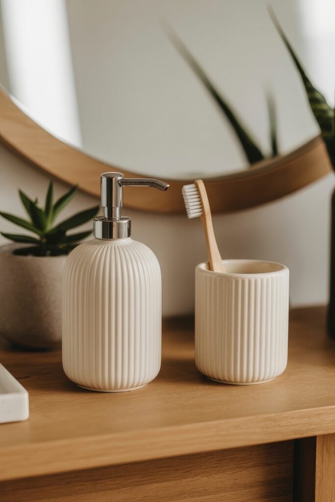 Bathroom Essentials for First Apartment: Genius Must-Haves 20 Ribbed ceramic hand soap dispenser and matching toothbrush holder with a bamboo brush, arranged on a wooden vanity in front of a round mirror, fitting for First Apartment Planning.