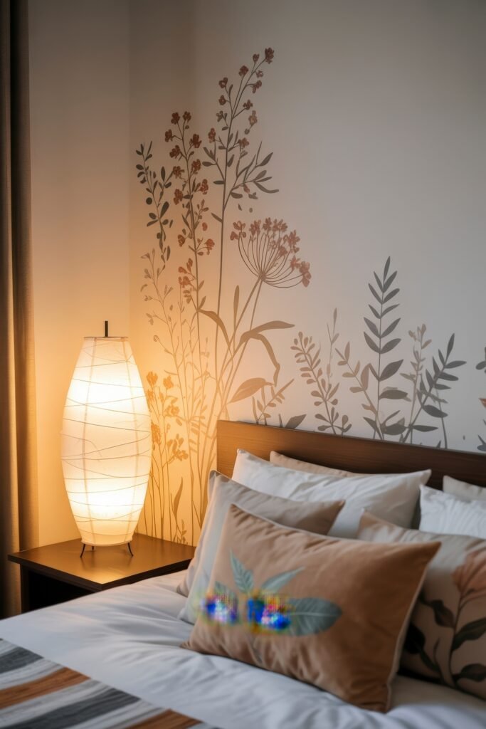 Bedroom Essentials for Your First Apartment: 12 Genius Must-Haves 19 Warmly lit corner of a bedroom featuring a sculptural floor lamp, nature-themed wall art, and soft pillows—adding a calming ambiance to bedroom essentials for first apartment.