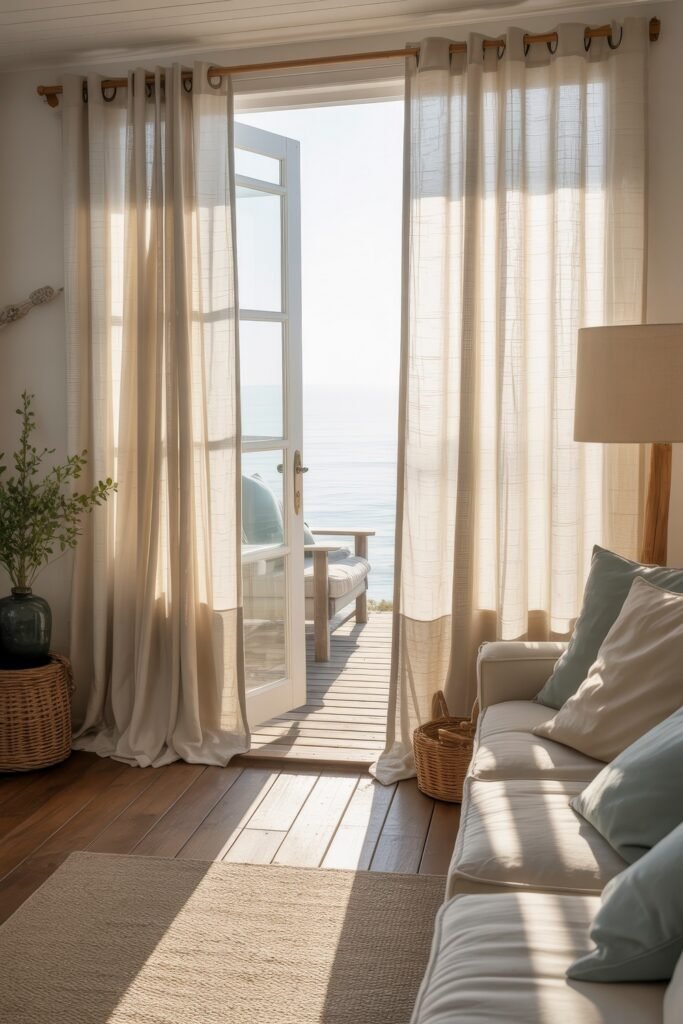 Coastal Summer Vibes for City Apartments 27 Bright coastal living room with sheer curtains, a white sofa, and an ocean view creating a serene summer décor vibe.