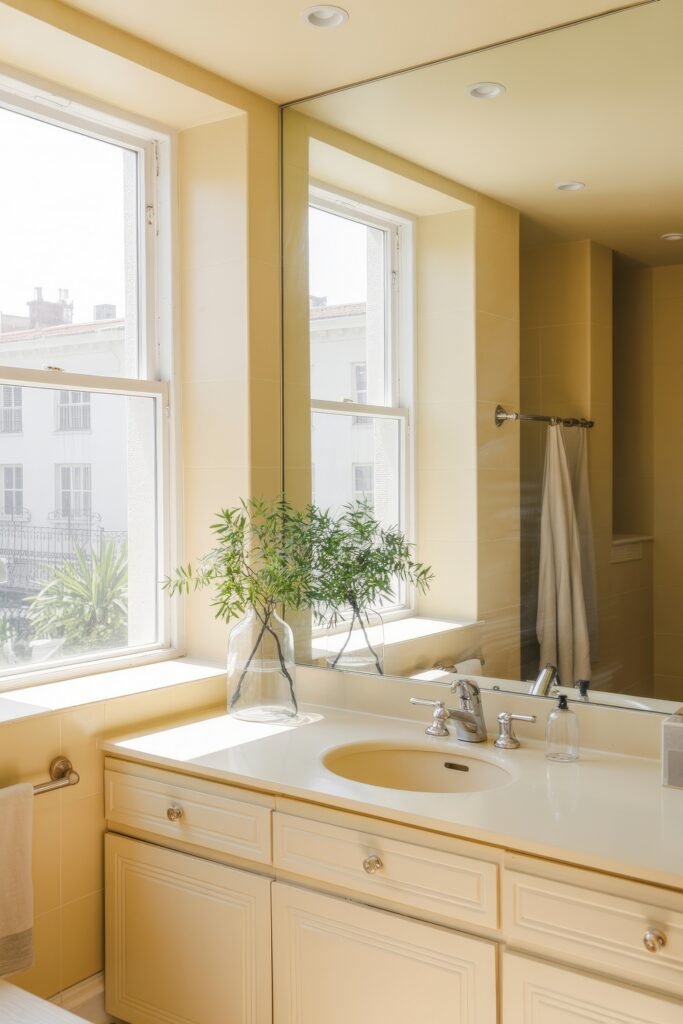 Cream Bathroom Ideas: Genius Ways to Warm Up Your Space 23 Bright and airy bathroom with large windows, a creamy vanity, chrome fixtures, and a glass vase of green stems, embodying a fresh take on Cream Bathroom Ideas.