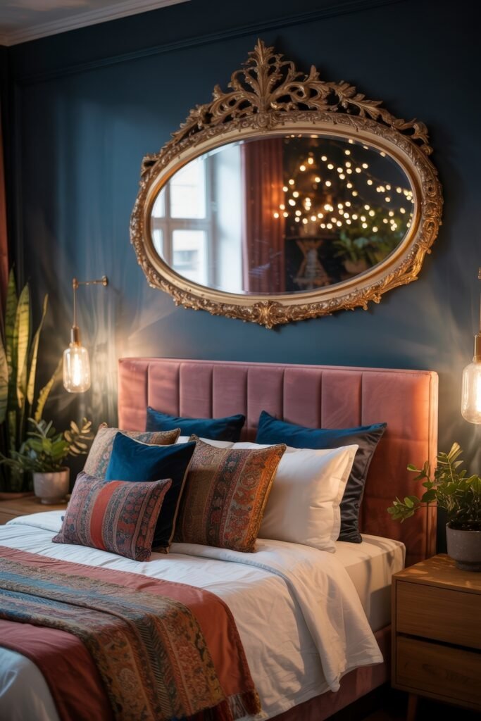 Dark Boho Bedroom Ideas: Unexpected Tricks for Cozy Drama 21 Bold Bohemian bedroom with navy blue walls, an ornate gold mirror, velvet pink headboard, and richly patterned pillows in deep blue and rust tones.