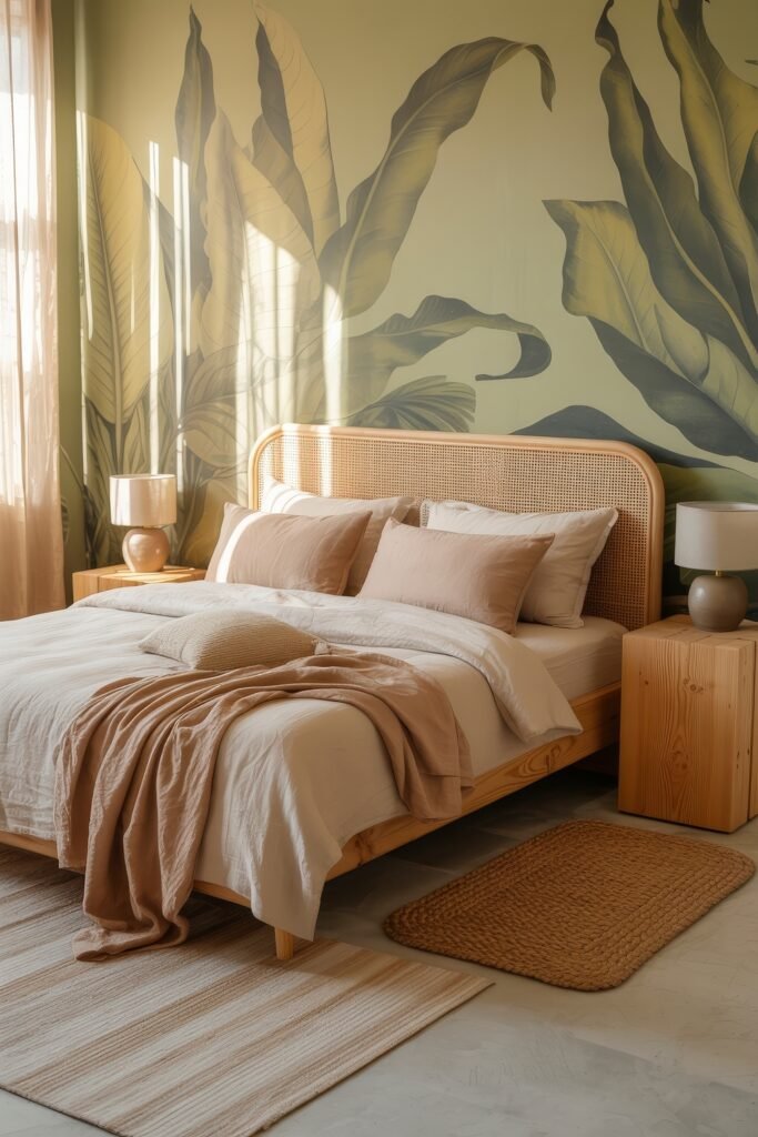 Earthy Bedroom Ideas: 12 Essential Ways to Elevate Your Space 21 Earthy Bedroom Idea with large botanical mural, warm-toned bedding, and rattan headboard, styled with soft textures and natural wood furniture in golden morning light.
