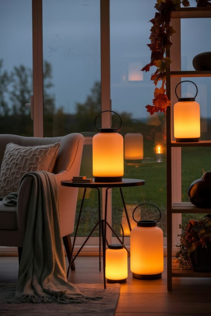 Cozy Fall Sunroom Ideas: Autumn Decor for a Warm Retreat 22 Cozy evening sunroom with glowing lanterns, a soft armchair, and fall leaf garland on a shelf.