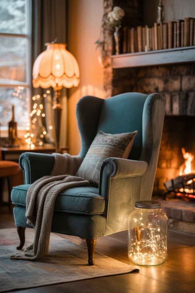 First Apartment Checklist: Essential Tips You’ll Love 21 Cozy reading nook featuring a soft blue armchair with throw blanket, glowing fairy lights in a jar, a roaring fireplace, and warm ambient lighting—ideal for a comforting first apartment setup.