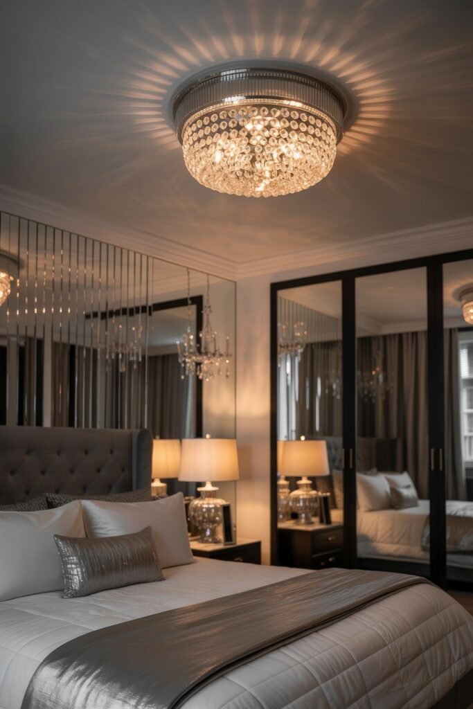 Glam Bedroom Décor: Essential Tips for Luxe Sleep 21 Glam Bedroom Décor featuring a crystal flush-mount chandelier casting radiant patterns, with mirrored closets, tufted grey headboard, and metallic-accented nightstands enhancing the luxury.