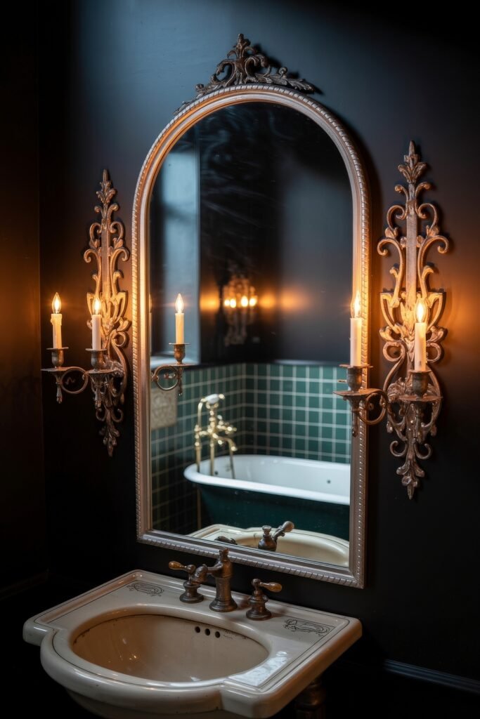Gothic Bathroom Ideas: Genius Touches for Moody Glam 24 Ornate vanity mirror flanked by vintage candle sconces, reflecting a green-tiled tub, with black walls and antique bronze fixtures, embodying rich Gothic Bathroom Ideas.