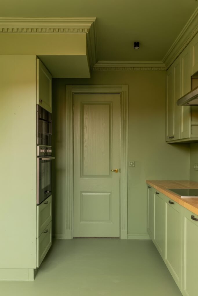 Green Kitchen Cabinets: Stylish Ways to Elevate Style 23 Monochromatic Green-Themed Kitchen with matching walls, cabinets, and ceiling in muted green, complemented by light wood countertops and classic trim detailing.