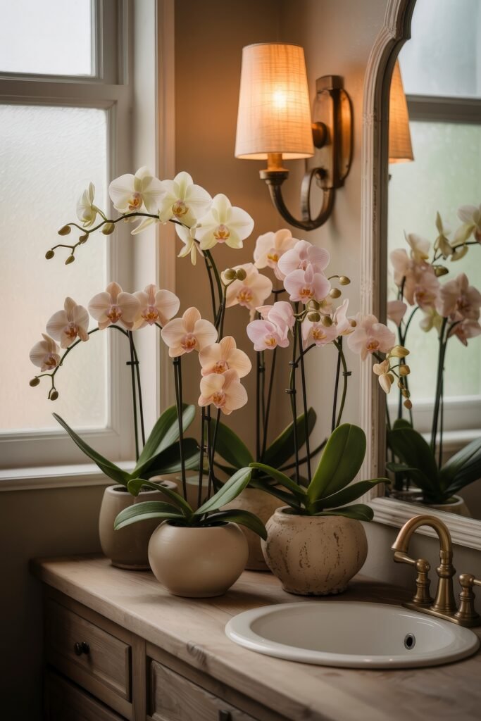 Neutral Bathroom Ideas: Genius Spa-Like Upgrades 25 Serene bathroom vanity with a light wood countertop, traditional brass faucet, and blooming white and pink orchids in ceramic pots, lit by soft wall sconce lighting beside a mirror.
