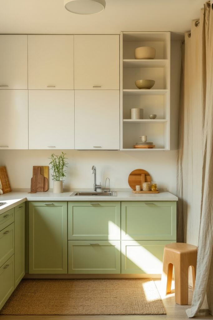 Sage Green Kitchen Bliss: Inspiring Ideas 20 Minimalist Sage Green Kitchen with white upper cabinets, open shelving, and sunlight casting across the pale green lower cabinets and textured rug.