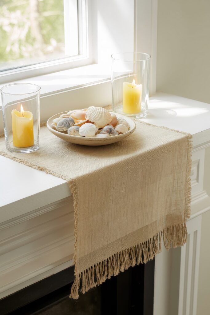 Summer Mantel Decor Tips (Even If You Don’t Have a Fireplace) 19 White mantel with beige runner, two glass candle holders, and a bowl of seashells for a light and airy summer décor.