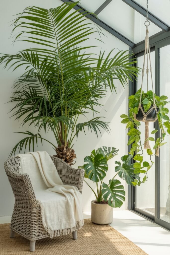 Bright Summer Sunroom Ideas: Airy Decor for Sunny Days 22 Tropical corner in a four-season room with a wicker chair, blanket, large palm, monstera plant, and a hanging pothos by floor-to-ceiling windows.