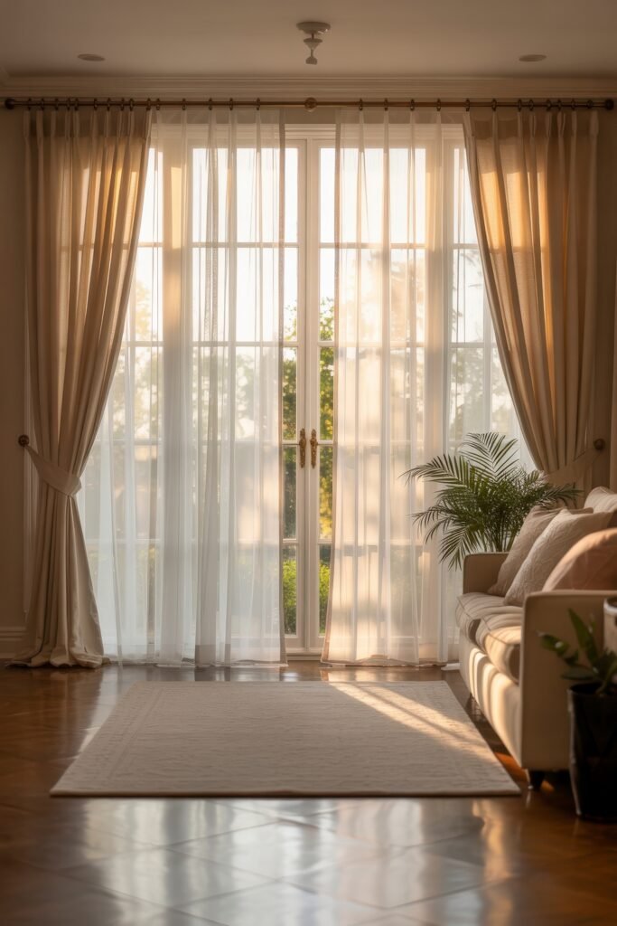 Indoor Sunroom Furniture Ideas for Cozy Winters & Breezy Summers 20 Elegant sunroom with sheer curtains, cream sofa, and neutral area rug reflecting the morning light.