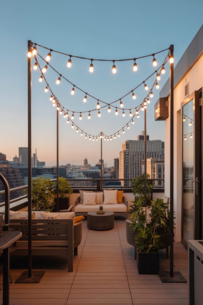 Stylish Rooftop and Terrace Garden Design 27 Rooftop balcony at dusk strung with glowing Edison bulbs above cushioned seating and potted greenery, offering a warm, inviting atmosphere perfect for Balcony & Terrace Gardening.