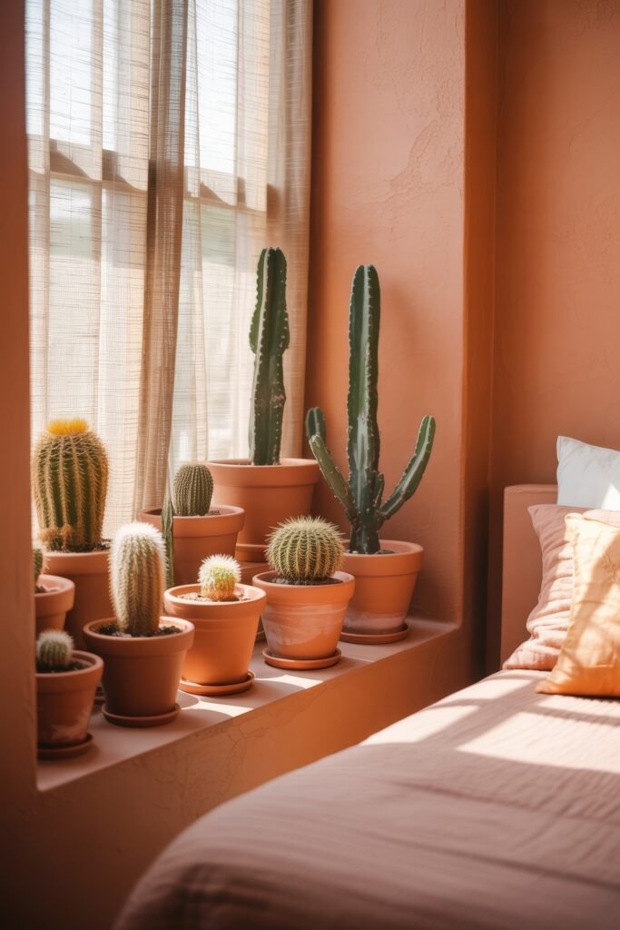 Terracotta Bedroom Ideas: Genius Ways to Glow 21 Sunlit terracotta-toned bedroom windowsill lined with assorted potted cacti, creating a warm, desert-inspired indoor garden beside a neatly made bed.