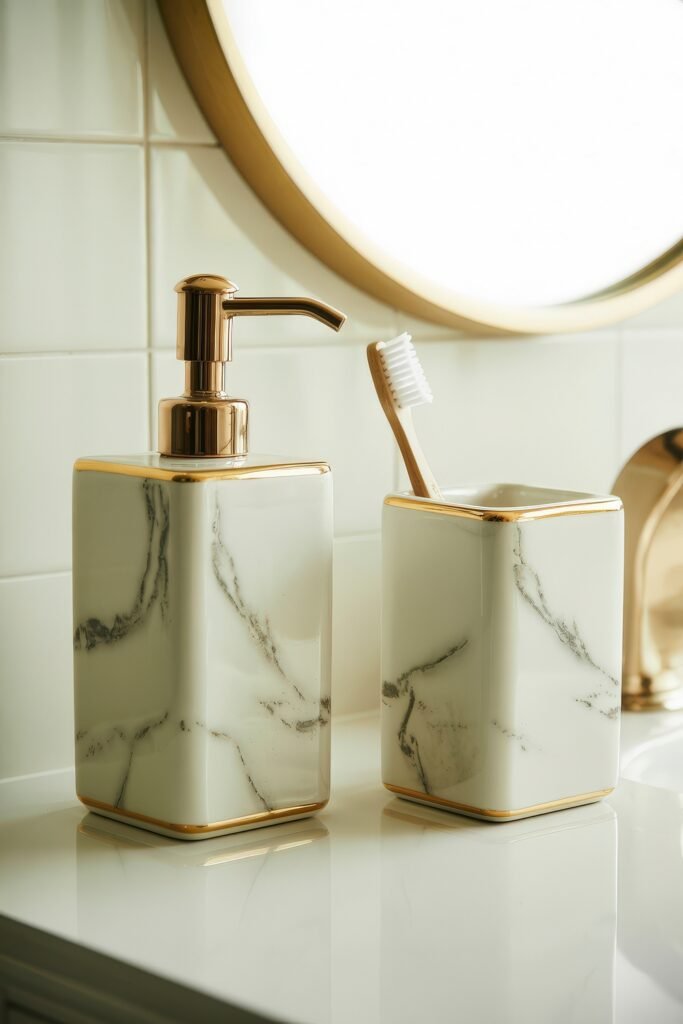 Bathroom Essentials for First Apartment: Genius Must-Haves 21 Luxurious marble-patterned soap dispenser and toothbrush holder with gold accents, styled beside a round mirror for an upscale bathroom essentials look.