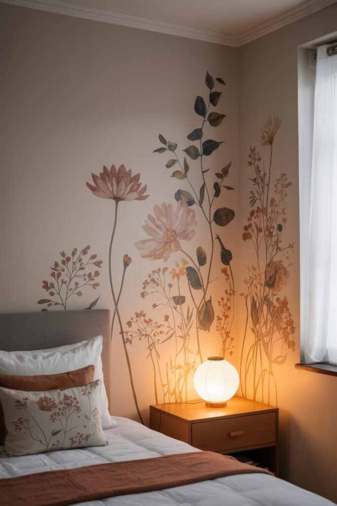 Bedroom Essentials for Your First Apartment: 12 Genius Must-Haves 20 Floral mural wall behind a bed with rust-toned bedding and a glowing orb lamp on a wooden nightstand—an artistic and cozy setup for first apartment planning.