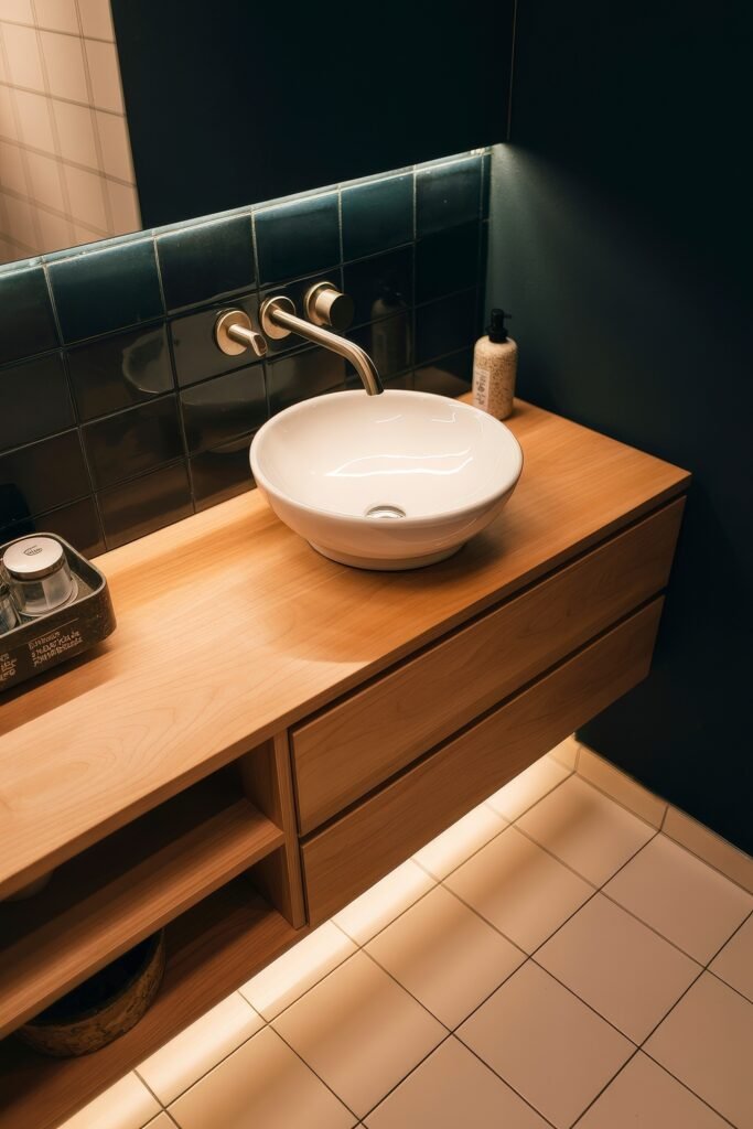 Black Bathroom Ideas: Genius Ways to Create Moody Glam 19 Light wood vanity with underglow lighting, a round vessel sink, and dark teal backsplash tiles, offering a warm and modern touch to a moody bathroom palette.