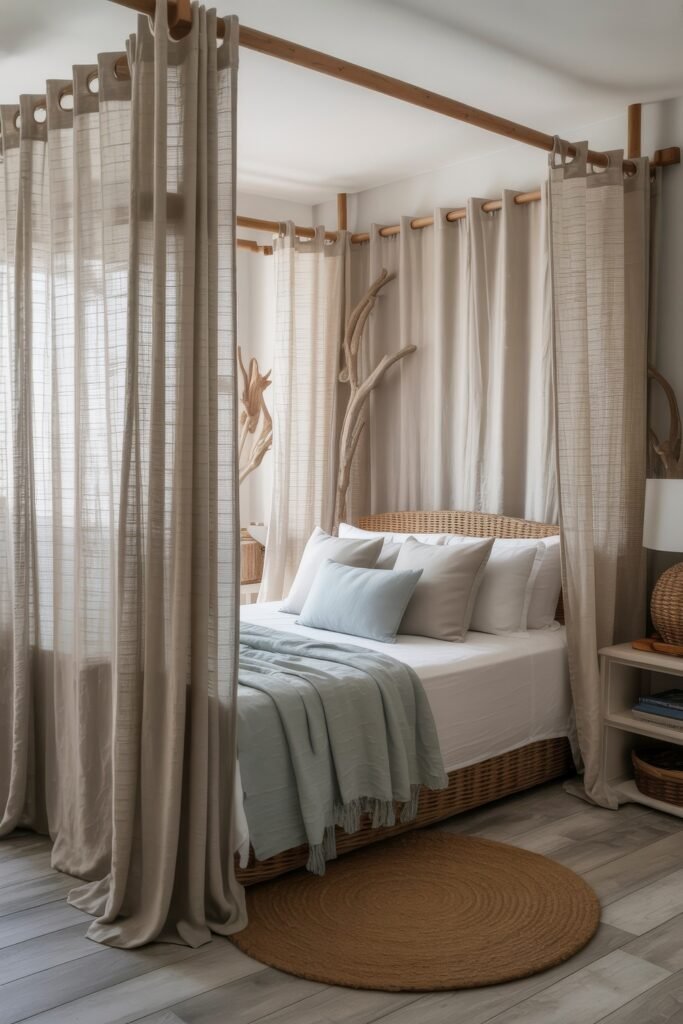 Coastal Summer Vibes for City Apartments 28 Cozy bedroom with a canopy bed, soft blue and white bedding, and natural wood accents for a relaxed coastal summer decor feel.