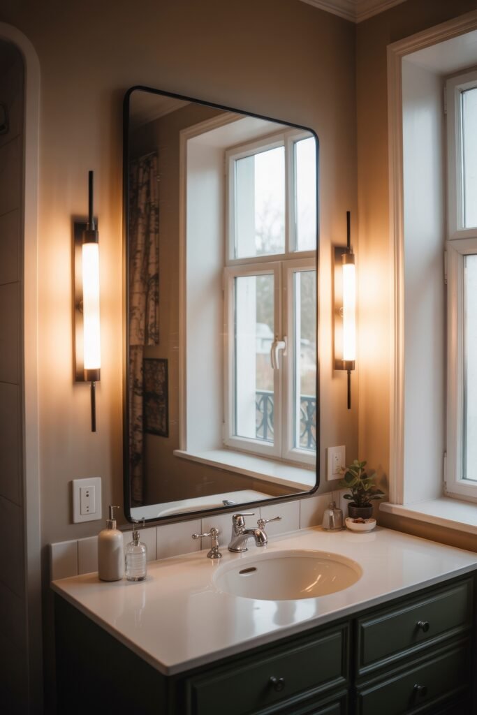 Cream Bathroom Ideas: Genius Ways to Warm Up Your Space 24 Modern bathroom with a dark green vanity, large mirror, vertical sconces, and natural light from adjacent windows, blending bold contrast with a classic layout.