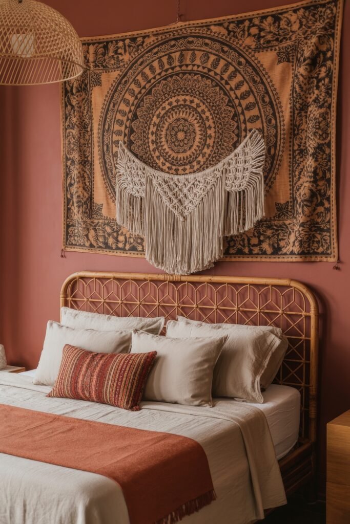 Dark Boho Bedroom Ideas: Unexpected Tricks for Cozy Drama 22 Boho bedroom with a terracotta wall, rattan headboard, mandala-style tapestry layered with macrame, soft neutral bedding, and a woven pendant light.