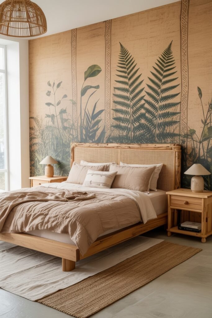 Earthy Bedroom Ideas: 12 Essential Ways to Elevate Your Space 22 Bohemian bedroom with a detailed fern mural backdrop, rattan headboard, beige bedding, and layered rugs creating a tranquil and nature-inspired space.