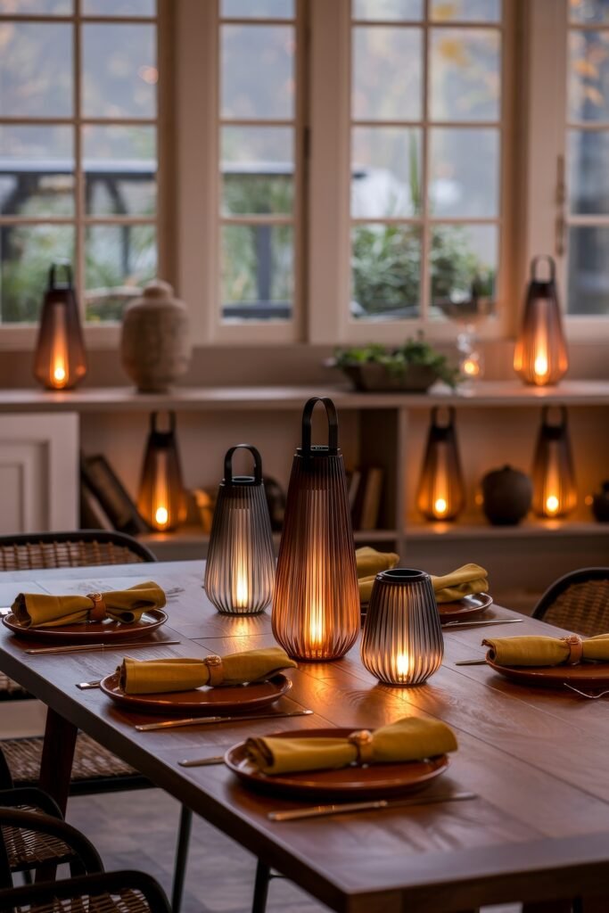 Cozy Fall Sunroom Ideas: Autumn Decor for a Warm Retreat 23 Warm sunroom dining setup with glowing lantern centerpieces and mustard yellow napkins on a rustic wooden table.