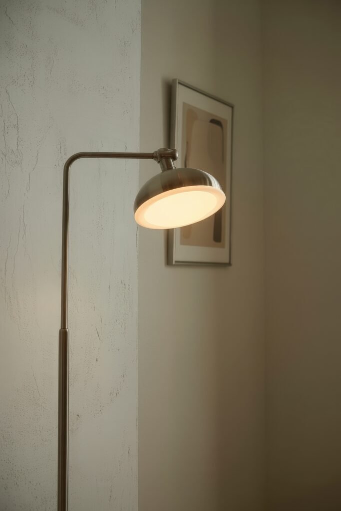 First Apartment Checklist: Essential Tips You’ll Love 22 Close-up of a brushed metal floor lamp lit against a textured wall with a framed abstract print—simple, functional lighting for First Apartment Planning.