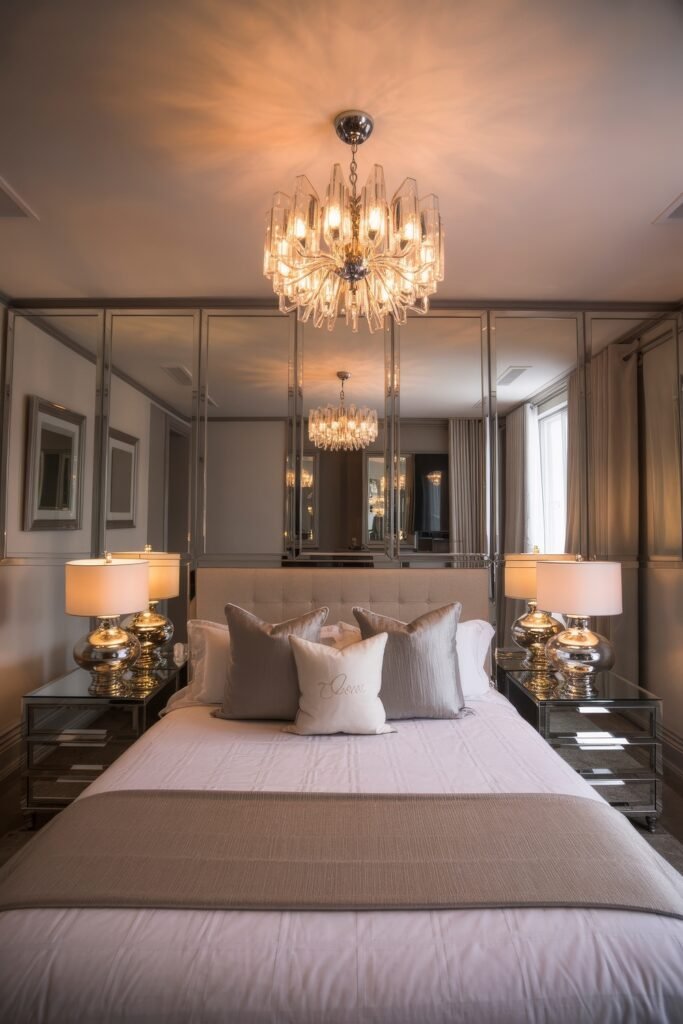 Glam Bedroom Décor: Essential Tips for Luxe Sleep 22 Elegant bedroom with a bold crystal chandelier, mirrored wall panels, and a bed with silvery pillows and chrome lamps, creating a refined and glamorous atmosphere.