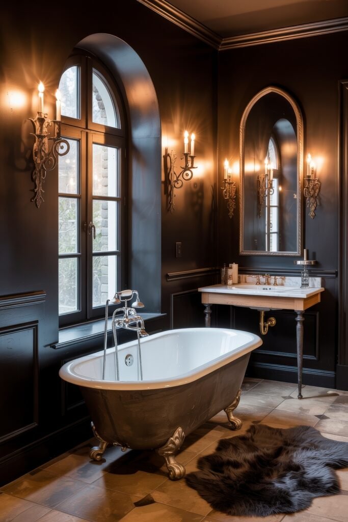 Gothic Bathroom Ideas: Genius Touches for Moody Glam 25 Elegant bathroom with a freestanding clawfoot tub, arched window, dramatic wall sconces, and marble vanity, exemplifying classic Gothic Bathroom Ideas in a softly lit space.