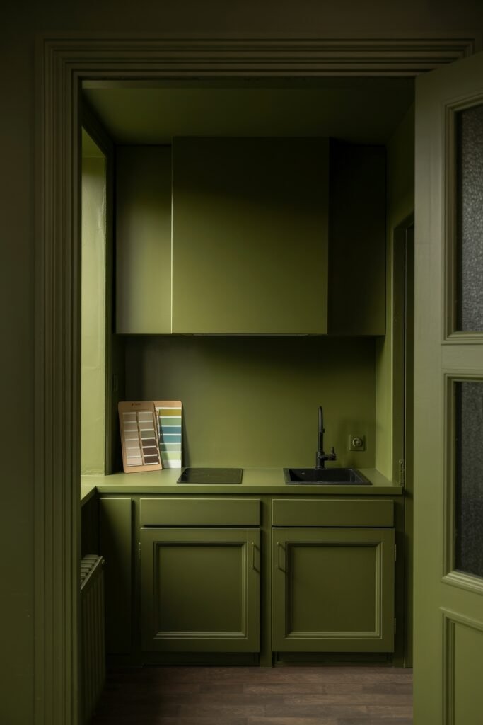 Green Kitchen Cabinets: Stylish Ways to Elevate Style 24 Moody kitchen alcove with matte green cabinetry, matching countertops and walls, and a black sink and cooktop, styled with a colorful paint sample board for design inspiration.