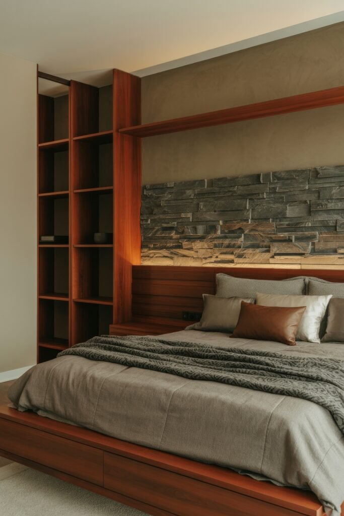 Masculine Luxury Bedroom: Genius Luxe Ideas 27 Warm, earthy bedroom featuring a gray stone feature wall, rich wooden built-ins, a brown bed frame, and layered taupe bedding for a cozy luxury look.