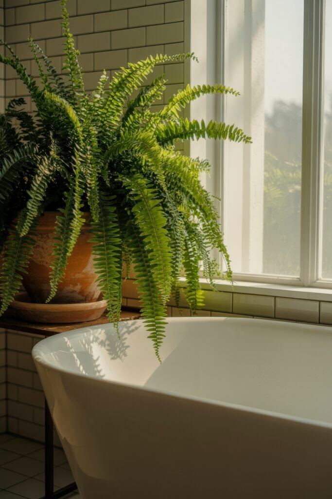 Neutral Bathroom Ideas: Genius Spa-Like Upgrades 26 Lush green fern in a terracotta pot placed beside a deep white soaking tub, bathed in natural light from a nearby window and surrounded by white subway tiles.