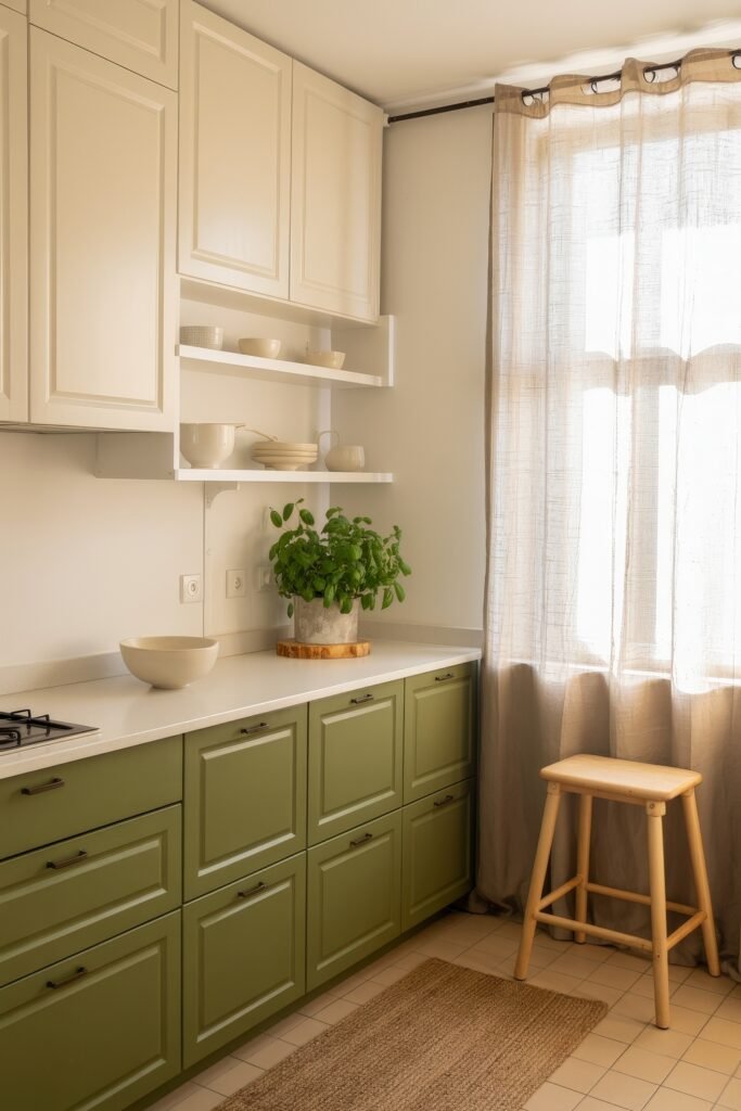Sage Green Kitchen Bliss: Inspiring Ideas 21 Light-filled Green-Themed Kitchen with cream upper cabinets, sage green drawers, open white shelving, and a potted basil plant near a linen curtain.