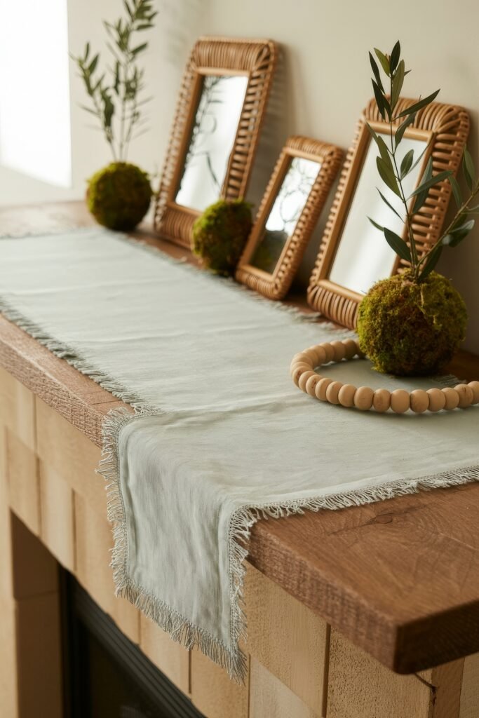 Summer Mantel Decor Tips (Even If You Don’t Have a Fireplace) 20 Rustic mantel with woven mirrors, moss balls, wooden bead garland, and a soft linen runner creating natural summer mantel decor.