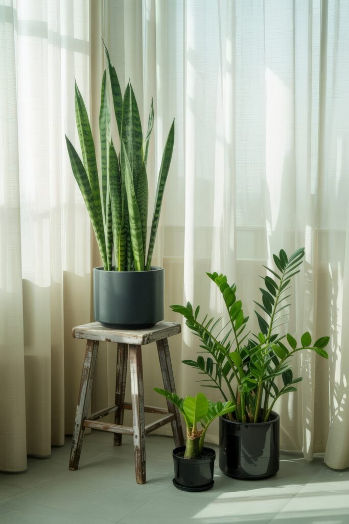 Bright Summer Sunroom Ideas: Airy Decor for Sunny Days 23 Sunroom plant nook with a snake plant on a rustic stool, two potted green plants on the floor, and sheer curtains filtering sunlight.