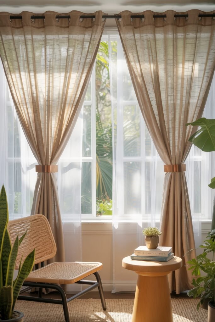 Indoor Sunroom Furniture Ideas for Cozy Winters & Breezy Summers 21 Minimal sunroom corner with sheer curtains, rattan chair, and a small side table with books and a plant.