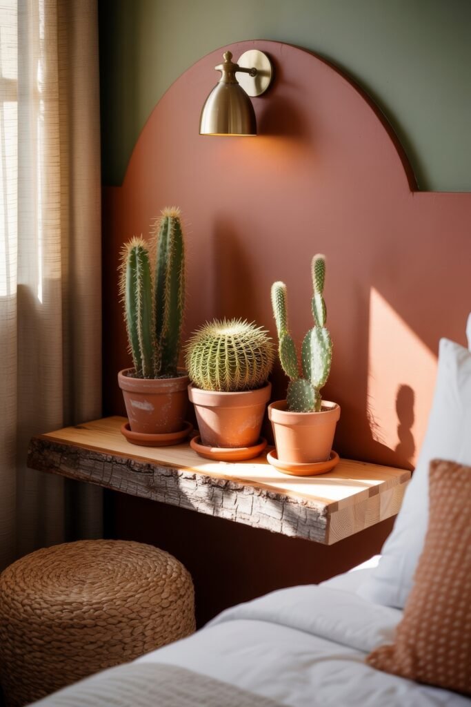 Terracotta Bedroom Ideas: Genius Ways to Glow 22 Small wooden shelf in a cozy bedroom holding three cacti in terracotta pots under a brass wall sconce, set against a two-tone backdrop in olive and rust.