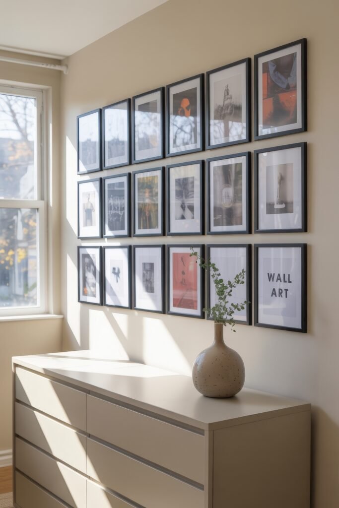 Bedroom Essentials for Your First Apartment: 12 Genius Must-Haves 21 Wall-mounted grid of framed art prints above a minimalist dresser, with natural light streaming through the window and a ceramic vase placed on top—an inspiring décor element for first apartment planning.